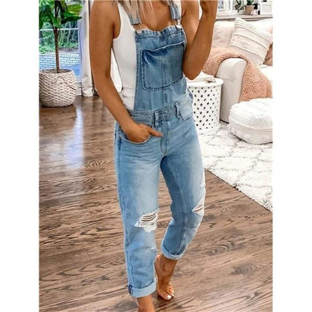 Women's Ripped Denim Overalls Jean Rompers - Picture 3 of 5